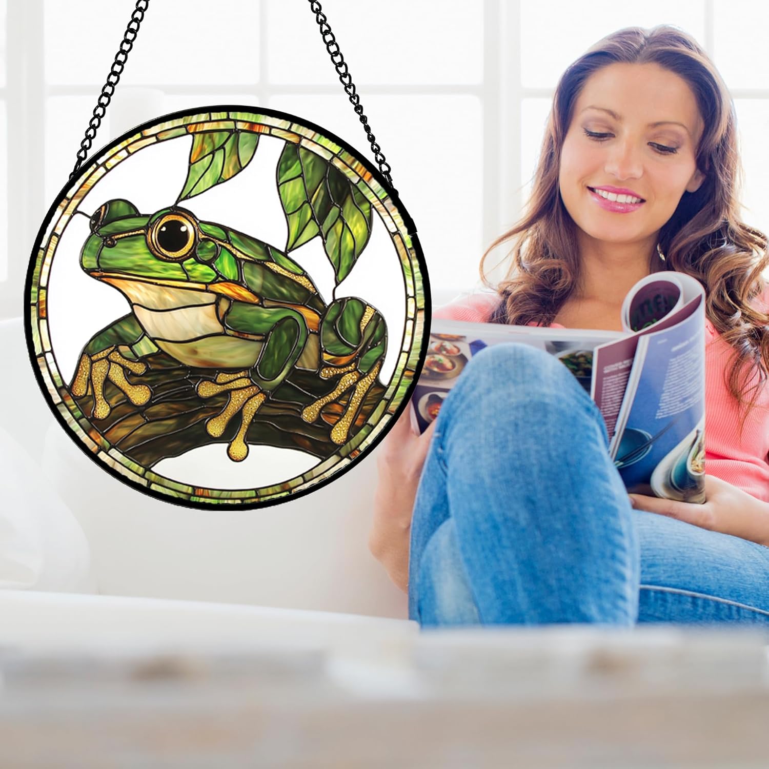 Stained Glass Window Hanging, Frog Green Leaf Sun Catchers Colorful Glass Panel Cool Suncatcher Decor for Birthday for Women, Men, Wife, Aunt, and Mom 14.9x14.9 in-VerdiqueGarden