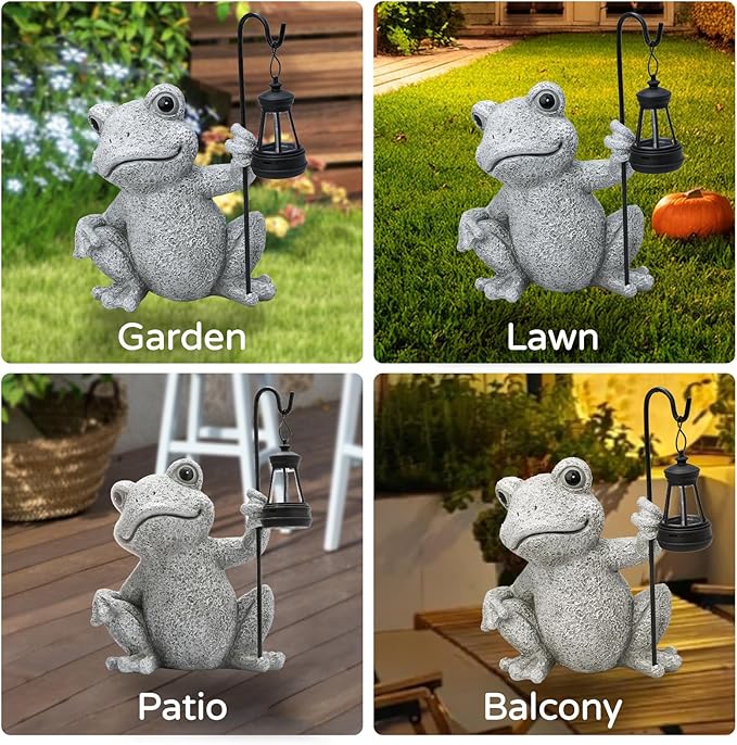 Solar Garden Outdoor Statues Frog with Solar Lantern, Lawn Decor Frog Figurine for Patio Balcony Yard, Yard Unique Christmas Birthdays Gift for Mom Grandma-VerdiqueGarden