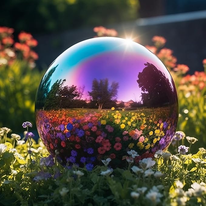 10 Inch Stainless Steel Gazing Globe,v2croft Hollow Ball Mirrored Surface Polished Shiny Sphere,Garden Stainless Steel Gazing Ball for Outdoor Lawn Pond Yard Ornament(rainbow)-VerdiqueGarden