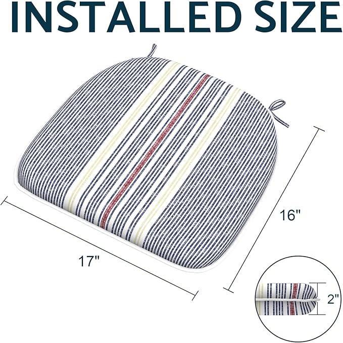 Indoor/Outdoor Chair Cushions 16x17 Inch, Patio Chair Cushions with Ties, All Weather Seat Cushions for Patio Furniture Home Garden Chair Use, Set of 4, Stripe Denim Blue-VerdiqueGarden