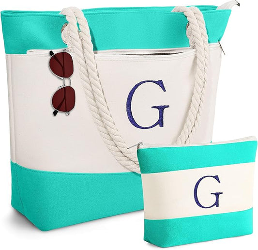 YOOLIFE Beach Bags for Women - Initial Tote Waterproof Bag with Makeup Bag, Mothers Day Gifts for Women Mom Friend Birthday-VerdiqueGarden