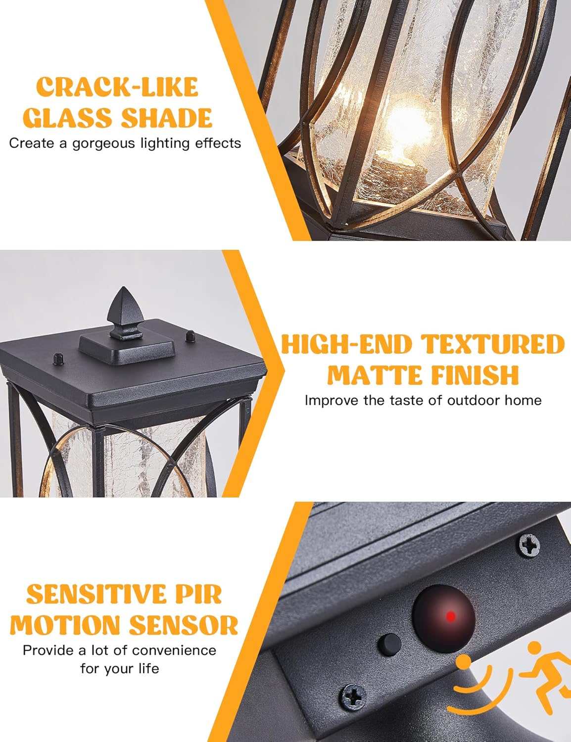 Motion Outdoor Post Lantern Dusk to Dawn Pillar Lamp with 3 Inch Pier Mount Adapter, Black Pole Light Aluminum with Crackle Glass Motion Outdoor Post Lights for Patio, Yard, Garden, Pathway-VerdiqueGarden