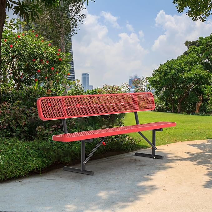 4/6/8 Feet Park Bench for Outside Heavy Duty Metal, Garden Benches Outdoor Bench with Backrest & Portable Frame, for Shopping Malls Stores Parks Patios Decks, Red-VerdiqueGarden