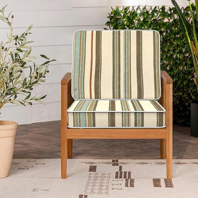 LVTXIII Patio Chair Cushions 22"x22"x3", Water-Repellent Outdoor Seat Cushions for Patio Furniture, Square Chair Pads with Ties for Home Garden Decoration, Set of 2, Stripe Onyx-VerdiqueGarden