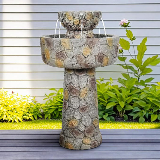 SunJet 25.7” High x 15.3” Diameter Concrete Bird Bath with Faux Stone Finish - Outdoor Water Fountain with Electric Pump - Birdbath for Garden, Patio, Yard, Lawn Décor-VerdiqueGarden