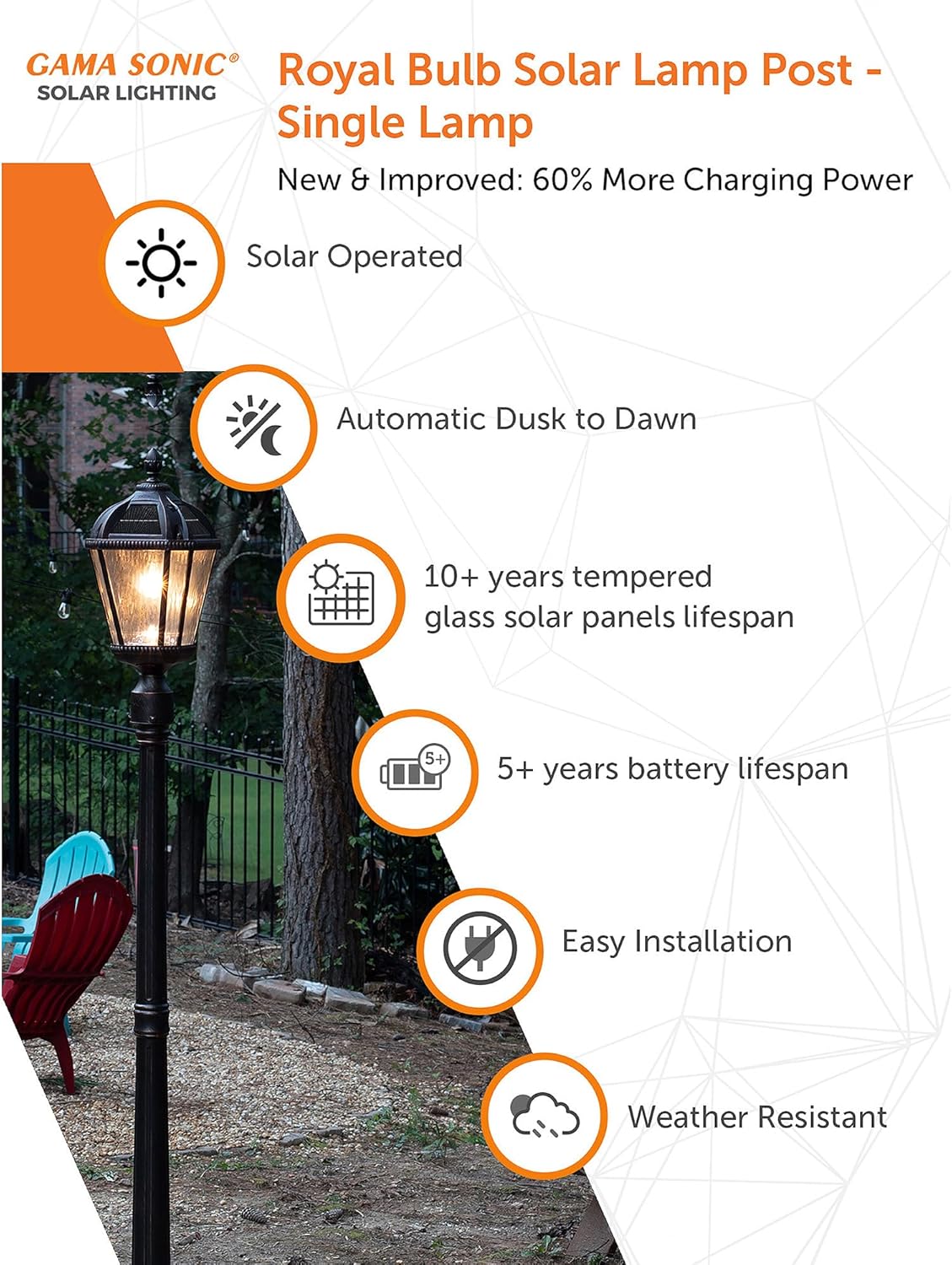 Gama Sonic Outdoor Solar Lamp Post Light, Brushed Bronze Aluminum and Rain Glass Panels, 10-Year Royal Bulb, Warm White LED with Omni-Direction Reflector, 87-inch Height, 98B101 (Upgraded)-VerdiqueGarden