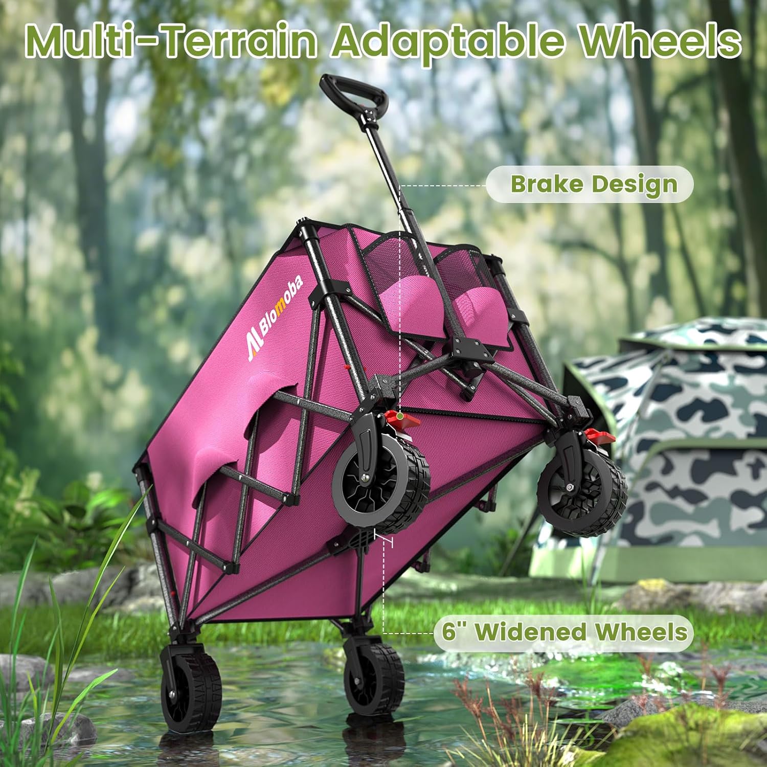 Collapsible Wagon Cart, 150L Heavy Duty Foldable Beach Wagon with Wider Wheels & Auto-Rebound Handle, Utility Grocery Shopping Cart for Garden, Shopping, Camping, Sports, Pink-VerdiqueGarden
