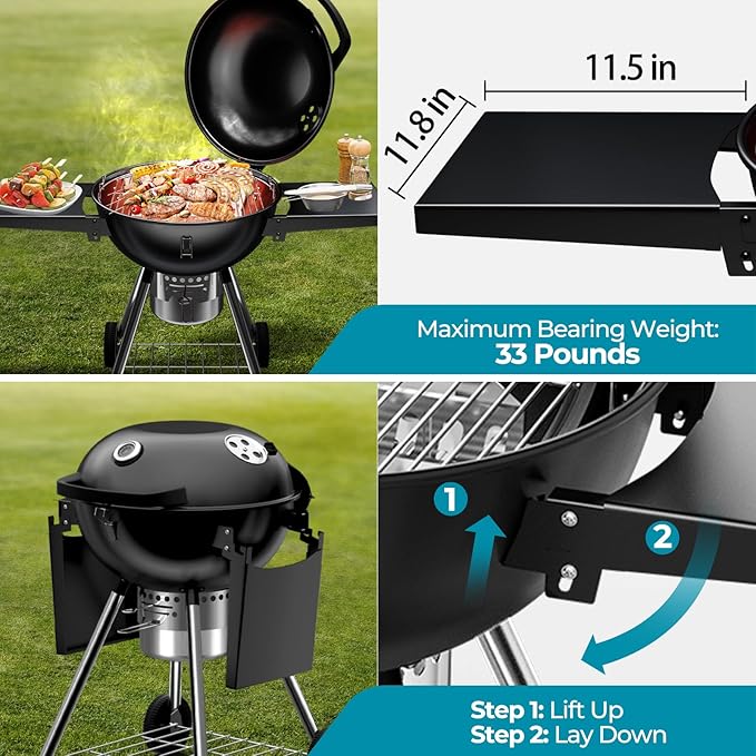 Premium 22 Inch Charcoal Grills with 2 Foldable Tables, BBQ Grill with Cover, Outdoor Barbecue Grill with Ash Catcher, Portable Charcoal Kettle Grills with Wheels for Camping Party Backyard-VerdiqueGarden