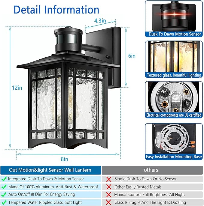 Motion Sensor Outdoor Lights, Dusk to Dawn Light Fixture, Black Wall Sconce Lighting, Front Porch Light, Exterior Lights for House Patio, Outside Door Wall Mount Anti-Rust Lantern-VerdiqueGarden