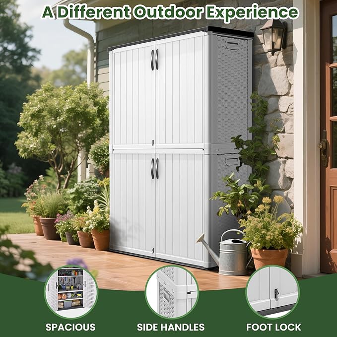 Greesum Outdoor Storage Cabinet Without Shelves, 45 cu.ft Outdoor Waterproof Storage Shed for Garden Tools, Pool Storage, Garbage Cans, White-VerdiqueGarden