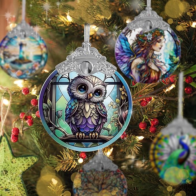Owl Stained Glass Suncatcher, Jocidea Owl Ornament, Owl Christmas Ornament, Holidays Ornaments, Christmas Tree Ornament, Owl Decor, Gifts for Owl Lovers-VerdiqueGarden