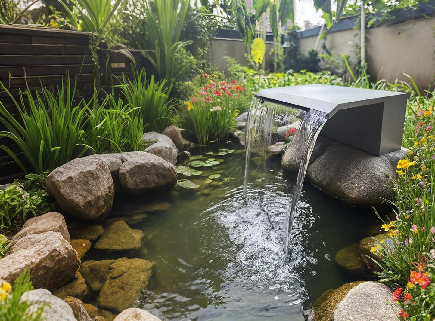 Stainless Steel Waterfall Spillway, APP Control Multi-Color LED Light Outdoor Pool Fountain, Water Spillway Koi Pond Waterfalls Fountains Kit for Garden Patio Swimming Pool Decoration-11.8"-VerdiqueGarden