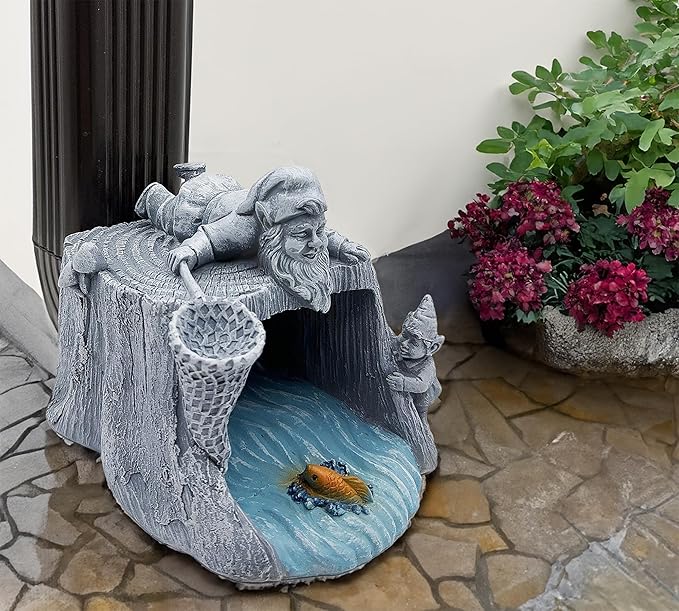 Gnome Fishing 3"x4" Gutter Downspout Splash Block Decor, Garden Outdoor Animal Resin Statue & Sculpture, Gutter Diverter Rain, Decorative Gutter Extension Downspout, Eco-Friendly-VerdiqueGarden