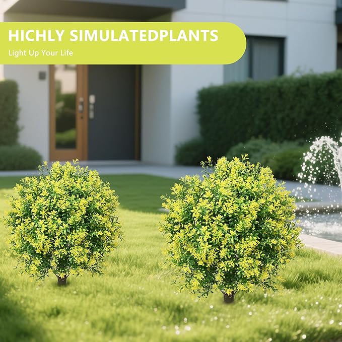 28" Artificial Boxwood Topiary Tree Yellow– UV Resistant Outdoor Faux Topiary Plant, Realistic Fake Topiary Bush for Porch, Patio, Front Door, Fake Evergreen Tree Home Decor-VerdiqueGarden