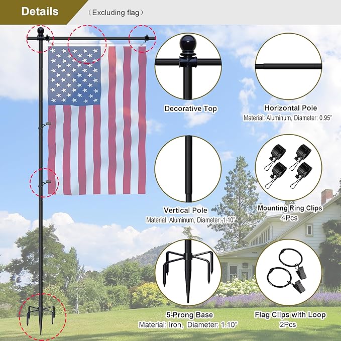 10FT Flag Pole Stand for Garden – Adjustable Outdoor Flagpole with 5-Prong Base, Freestanding Aluminum Banner Holder for 3x5ft & 28"x40" Flags – Wind-Resistant & Lightweight – Black-VerdiqueGarden