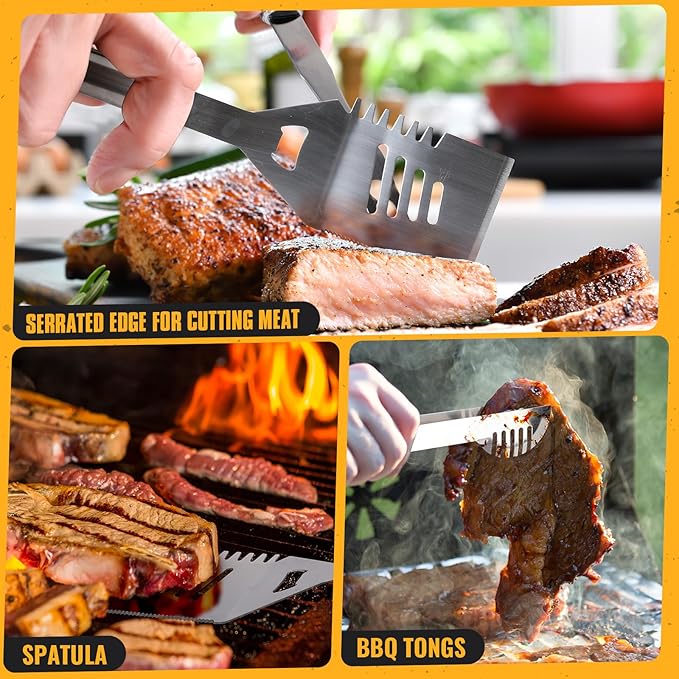BBQ Grill Tools Set 16-inch Heavy Duty, 3 Pcs - Barbecue Utensils Kit for Camping, Kitchen, Outdoor Cooking,Suitable as a Gift for Men, Fathers, Friends-VerdiqueGarden