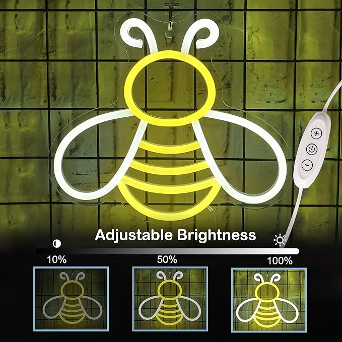 Bee Neon Sign - Dimmable Honey Neon Light Wall Decor, Birthday Party Decorations for Home, Patio, Garden, Bars, Hotels, Stores - Gift for Friends, Family, and Kids-VerdiqueGarden
