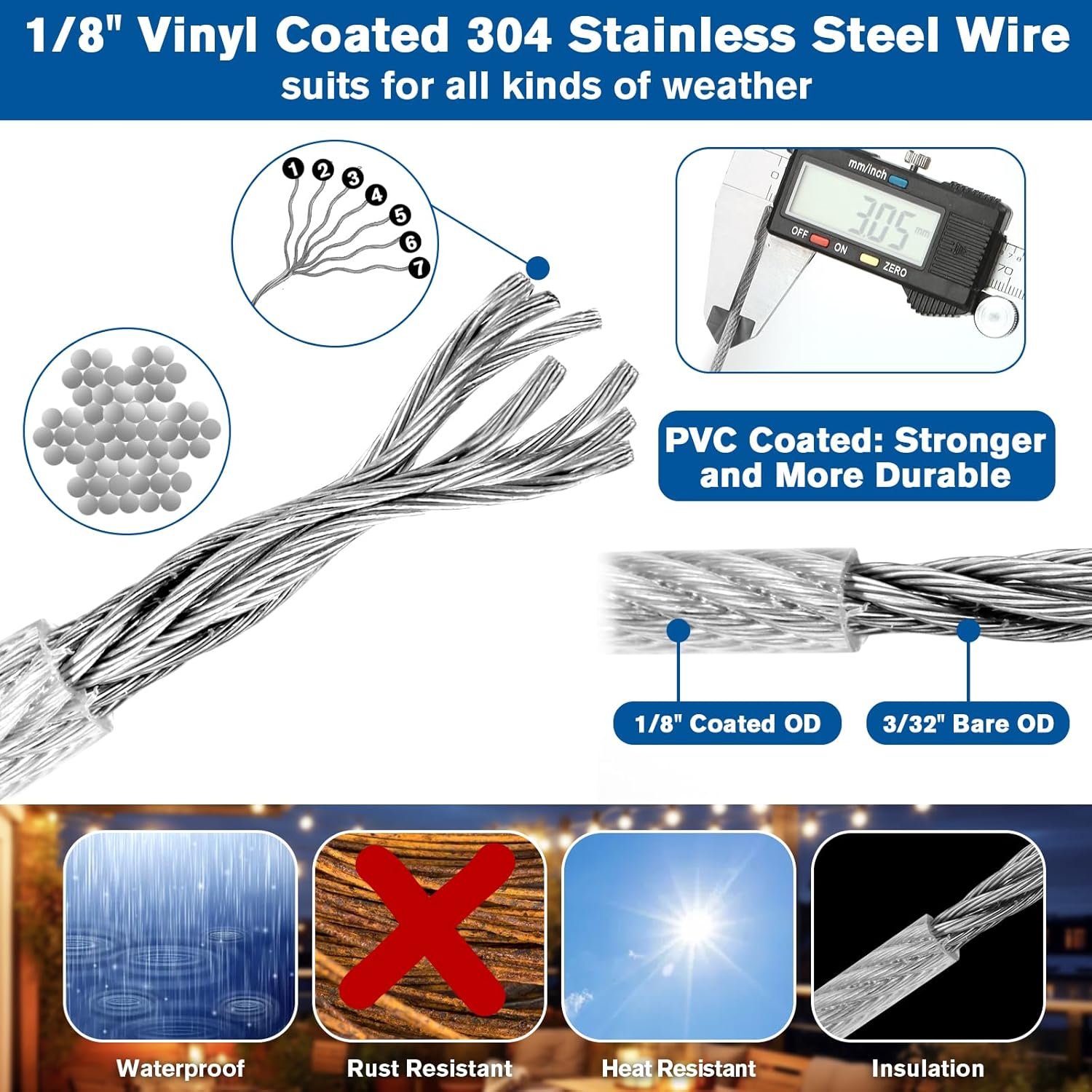 220FT 1/8" Wire Rope Kit - 304 Stainless Steel Cable with Turnbuckles for Cables Wire, Vinyl Coated Hanging Wire for Outdoor String Lights, Camping, Garden Trellis, Hanging Clothes, Pictures, Curtain-VerdiqueGarden