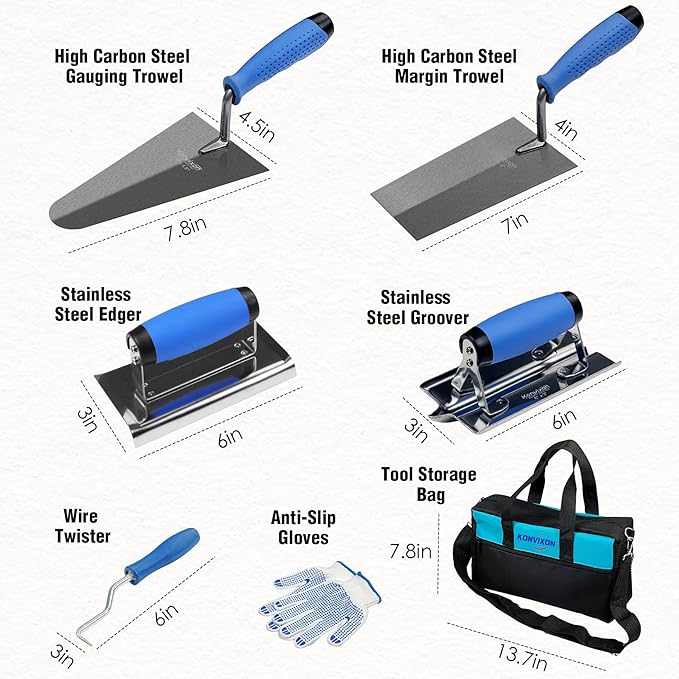 10PCS Concrete Trowel Set, Masonry Hand Tool Set Includes Large Flat Finishing and Pool Trowel, Wood Float, Concrete Edger and Groover, Margin Gauging, Wire Twister, Gloves & Carry Bag-VerdiqueGarden