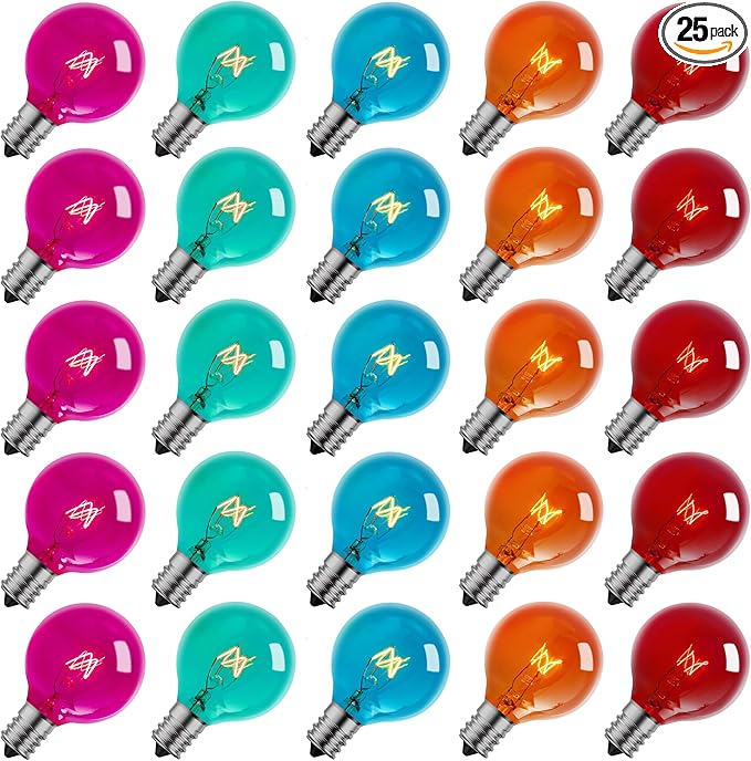Brightown 25 Pack G40 Colorful Incandescent Bulb, Vintage Globe Replacement Light Bulb for Christmas Lights, 5 Watt E12 C7 Candelabra Base for Patio Yard Garden Holiday Xmas Decoration-VerdiqueGarden