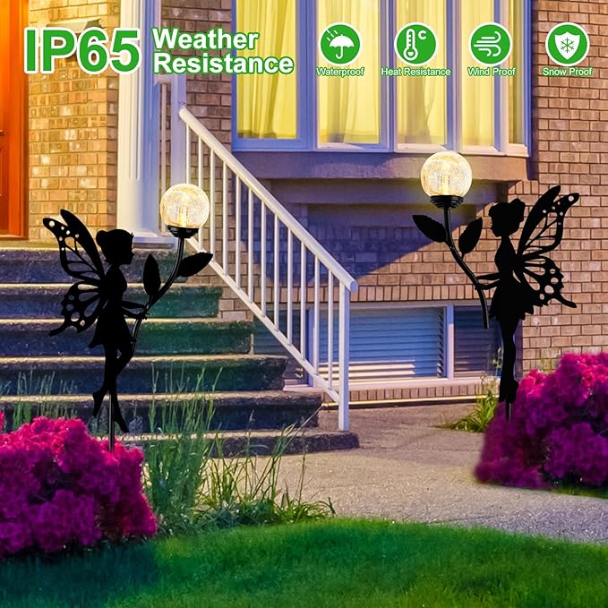 Ouddy Decor 2 Pack Solar Fairy Garden Decor, Metal Statues with Crackle Glass Globe Lights Silhouette Waterproof for Outdoor Lawn Patio Yard Pathway Home Decorations Gardening Gifts for Mother's Day-VerdiqueGarden