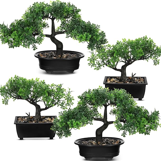 Jexine 4 Pack Artificial Bonsai Tree, Indoor Small Fake Plants in Pots for Home Table Office Desk Bathroom Shelf Bookshelf Bedroom Living Room Farmhouse Decorations-VerdiqueGarden