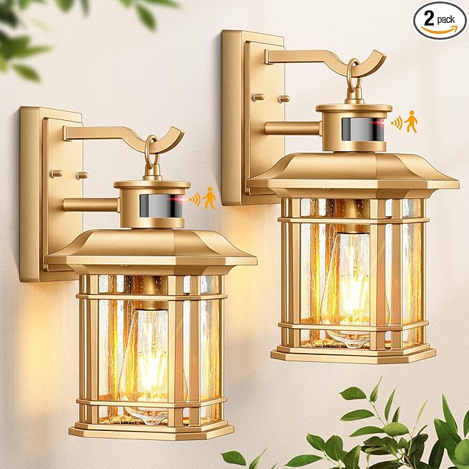 VIANIS Motion Sensor Exterior Lights for House, 2 Pack Dusk to Dawn Outdoor Lighting, Gold Outdoor Sconce Lantern, Waterproof, Weather Resistant Porch Lights Outside for House, Garage, Front Door-VerdiqueGarden