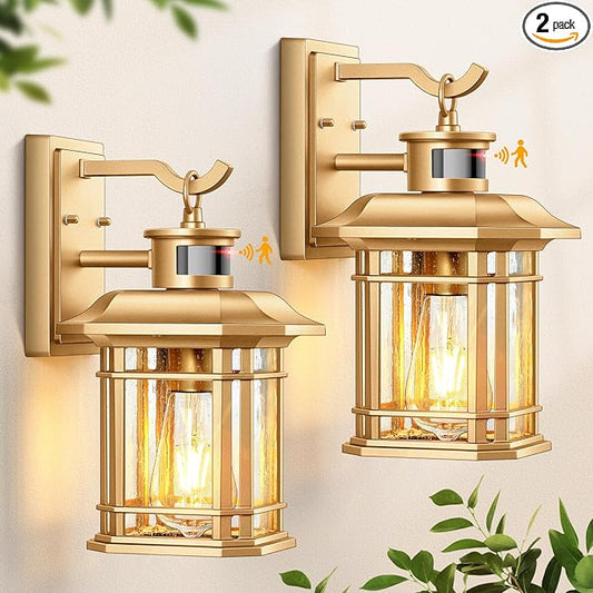 VIANIS Motion Sensor Exterior Lights for House, 2 Pack Dusk to Dawn Outdoor Lighting, Gold Outdoor Sconce Lantern, Waterproof, Weather Resistant Porch Lights Outside for House, Garage, Front Door-VerdiqueGarden