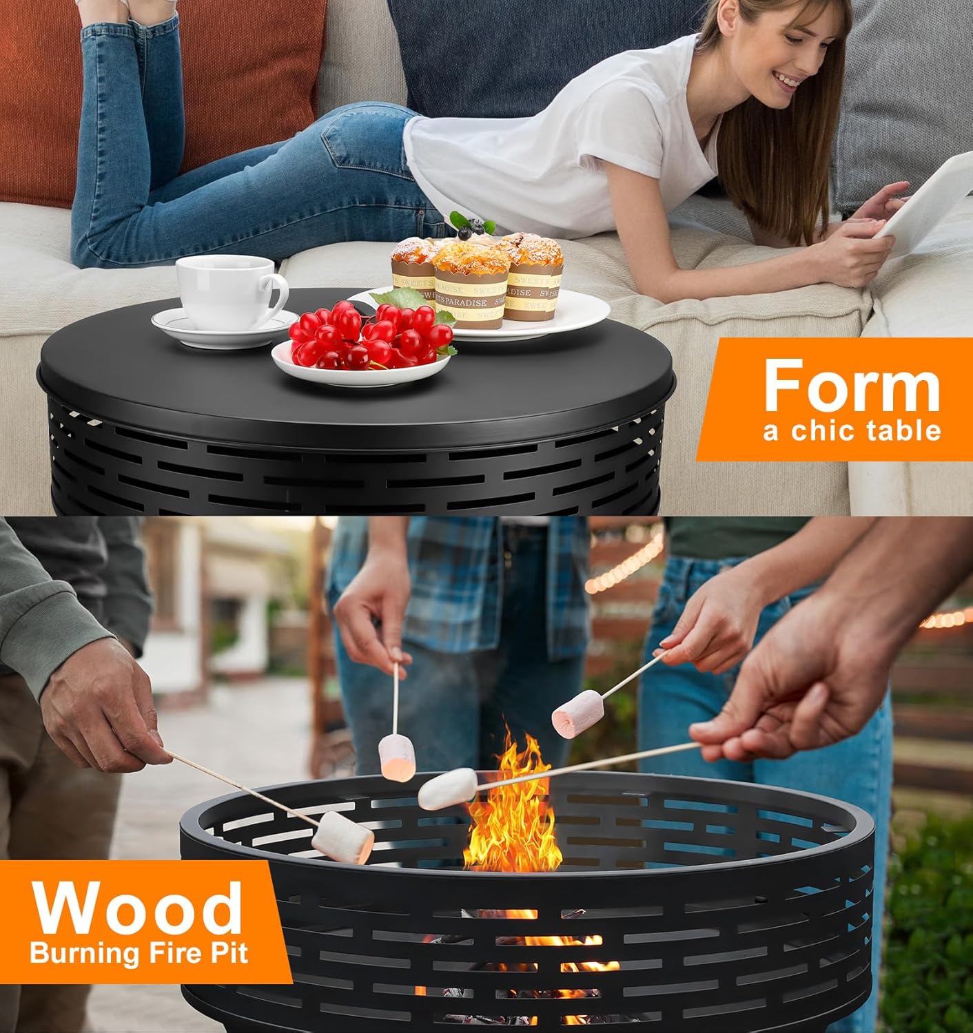 23 Inch Cast Iron Round Fire Pit with Grill, 3-in-1 Outdoor Fire Bowl, Fire Pit Table with Metal Lid and Fire Poker, Wood Burning Firepit for BBQ Bonfire Patio Picnic-VerdiqueGarden
