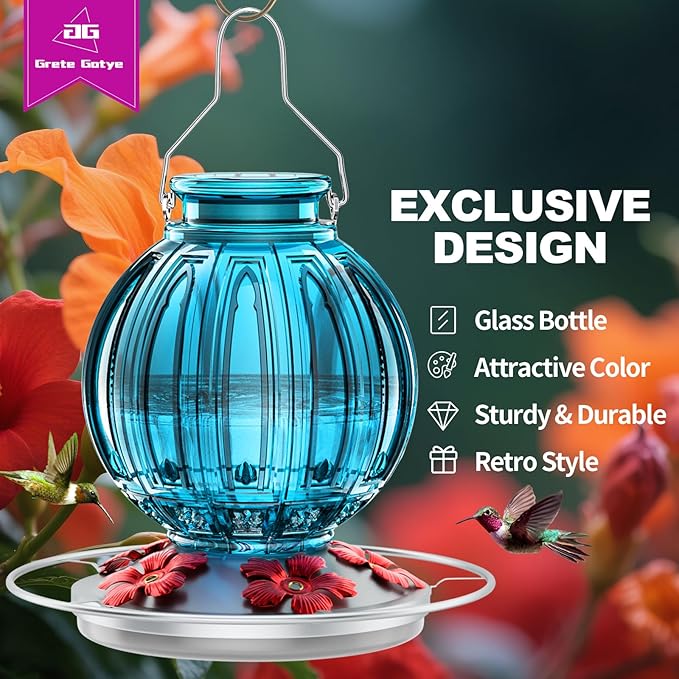 Glass Hummingbird Feeder for Outdoors Hanging, 26Oz Bird Nectar Feeder with Perch & 5 Flower Feeding Ports, Leak Proof for Outside Garden Decor Backyard, Gifts for Women Mom, Blue-VerdiqueGarden
