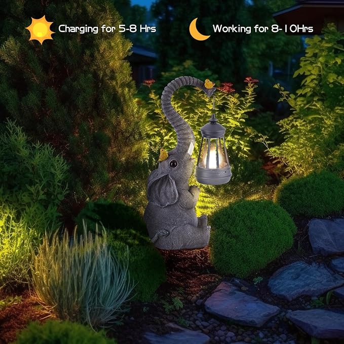 Solar Outdoor Garden Statues Lights, Mom Gifts Birthday Gifts for Women, Lucky Elephant Unique Housewarming Gifts and Yard Decoration, Elephant Figurines with Cute Birds Garden Sculpture Decor-VerdiqueGarden
