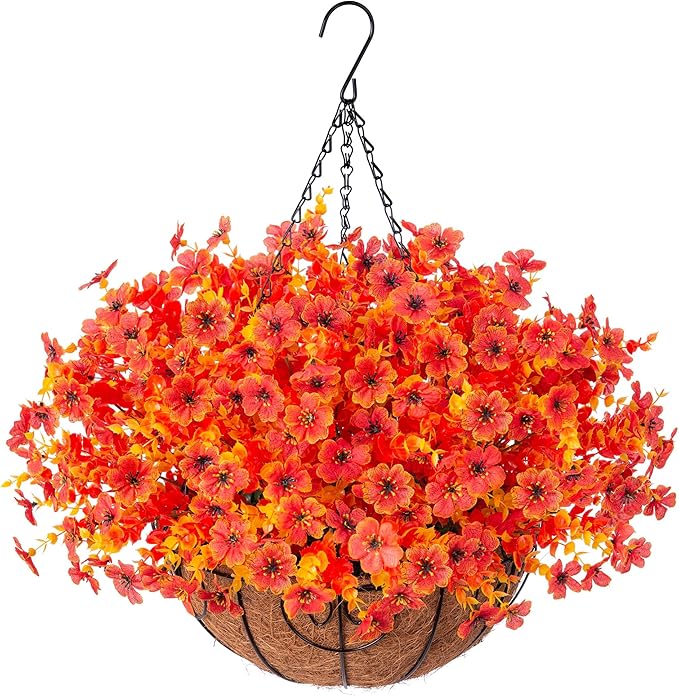 Artificial Fake Fall Autumn Hanging Mums Flowers Plants Basket for Outdoor Outside Decor, Faux Silk Orange Dasiy Flower Look Real UV Resistant for Porch Home Patio Garden Decoration-VerdiqueGarden