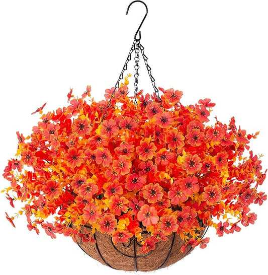 Artificial Fake Fall Autumn Hanging Mums Flowers Plants Basket for Outdoor Outside Decor, Faux Silk Orange Dasiy Flower Look Real UV Resistant for Porch Home Patio Garden Decoration-VerdiqueGarden