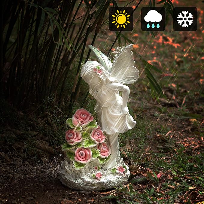 Garden Figurines Angel Garden Statue Outdoor Decor, Solar Powered Resin Sculpture with 5 LEDs Art Decoration for Patio Lawn Yard Porch, Ornament Housewarming Garden Gift, 12.8 x 7.5 x 6.1 Inch-VerdiqueGarden