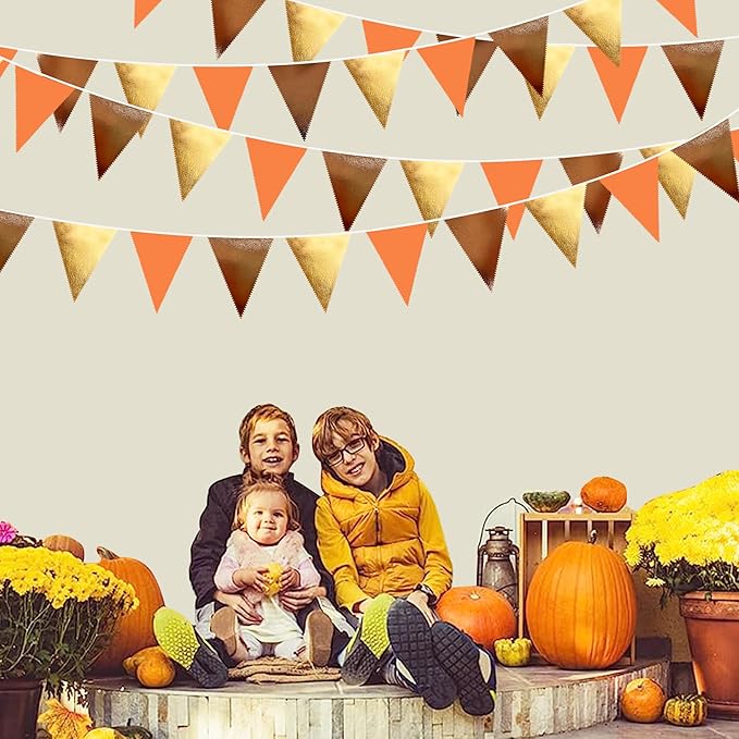 Fall Party Decorations Orange Gold Brown Metallic Fabric Triangle Pennant Banner Flag Bunting Garland for Autumn Fall Thanksgiving Wedding Birthday Bridal Shower Engagement Graduation Party Supplies-VerdiqueGarden