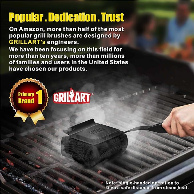 GRILLART Grill Brush Bristle Free. SteamWizards BBQ Replaceable Cleaning Head, Seamless-Fit Scraper Tools for Cast Iron/Stainless-Steel Grates Griddle, Safe Barbecue Grill Cleaner Brush-Dark Black-VerdiqueGarden