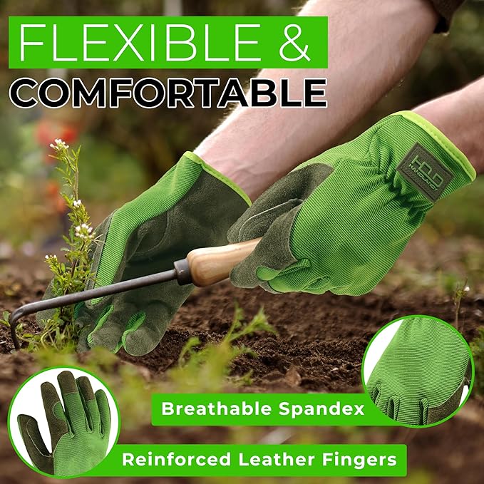 HANDLANDY Leather Work Gloves for Men & Women, Reinforced Durable Garden Gloves, Cowhide Working Glove for Gardening-VerdiqueGarden