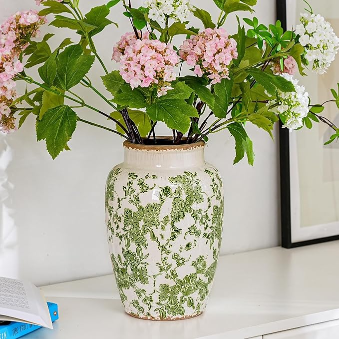Sungmor Ceramic Flower Vase, Vintage Ice Cracked Glaze Porcelain Vase, Pretty Home Decor Vase for Flower Arrangement, Fresh Flowers, 10.2 Inch Tall Chinoiserie Pottery Vase, Green Floral Pattern-VerdiqueGarden