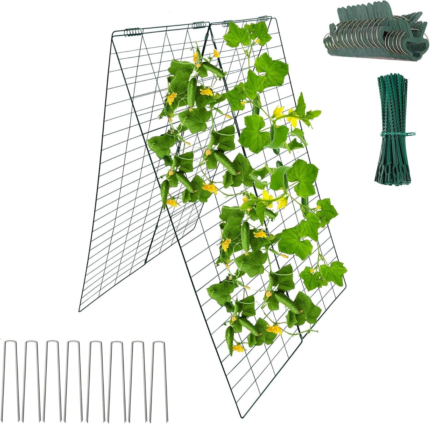 Garden Cucumber Trellis A-Frame Folding Plant Trellis 48 Inch by 34 Inch for Climbing Vegetables Flowers Green 1 Pack with Clips,Cable Ties and Ground Stakes-VerdiqueGarden