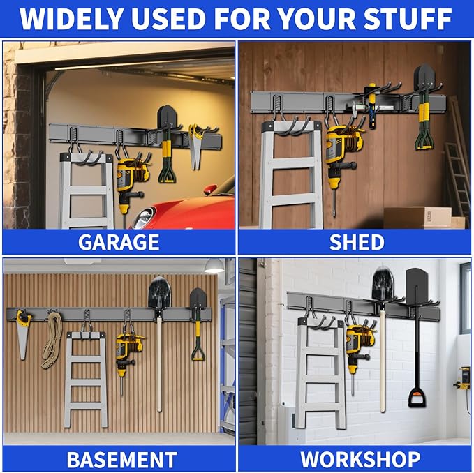 Garage Organization Tool Organizer Wall Mount, 64inch Heavy Duty Garden Tool Organizer Storage System, Easy Install with 10 Adjustable Hooks, for Garage, Basement, Shed, Workshop(Black)-VerdiqueGarden