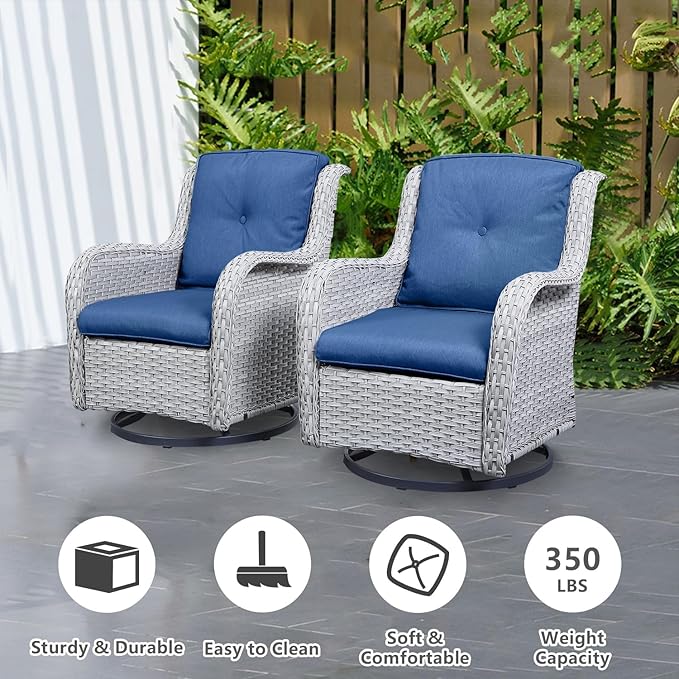 Outdoor Swivel Rcoker Patio Chairs - Outdoor Swivel Patio Chairs Set of 2 Wicker Chair Patio Furniture Sets with Covered Cushion for Porch Deck Balcony Garden, Blue Cushion-VerdiqueGarden