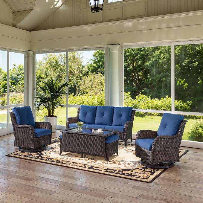 Wicker Outdoor Furniture Patio Furniture Set - 6 Piece Patio Conversation Set with Swivel Rocker Chairs, Rattan Sofa, Ottomans and Coffee Table, Blue Cushion-VerdiqueGarden