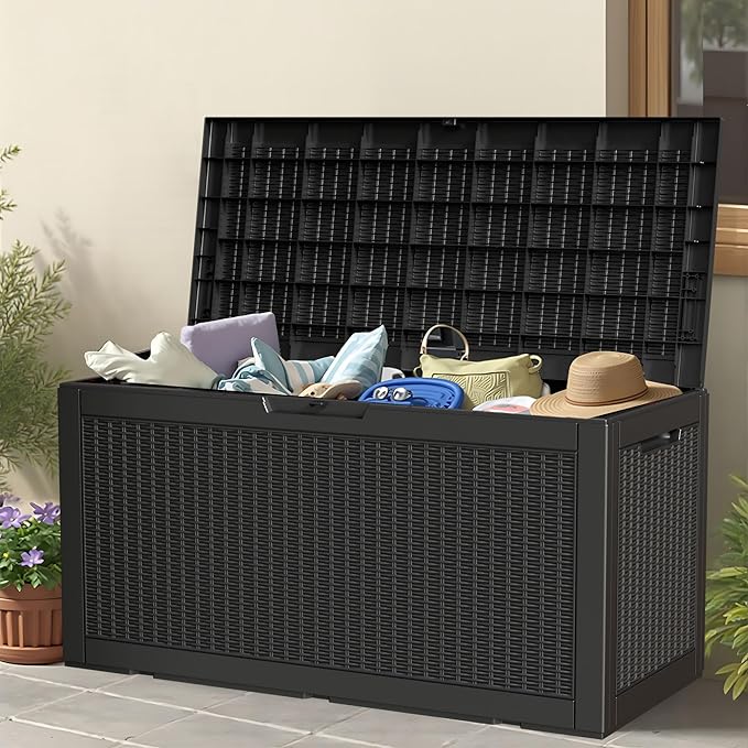 100 Gallon Storage Box, Waterproof Resin Deck Box with Hydraulic Piston Design, Lockable Storage Bench for Package Delivery, Storage Bin for Patio Cushions, Garden Tools, Black-VerdiqueGarden