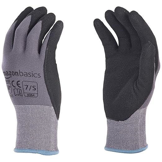 Amazon Basics Micro-Foam Nitrile Coated Work Gloves, Nylon Liner Fiber, Touch Screen, Grey, Size 7/S, 12-Pair-VerdiqueGarden