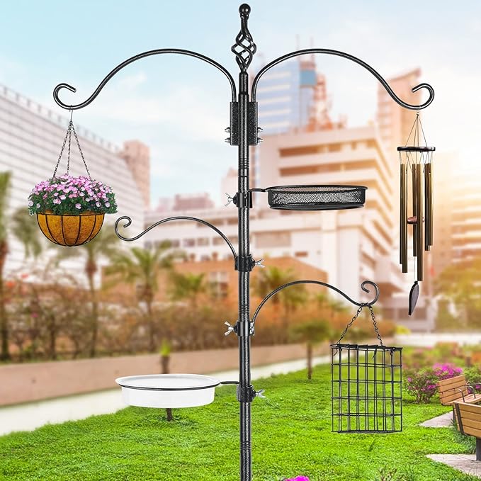 Bird Feeder Pole Wild Bird Feeder Hanging Kit Planter, 83 Inch Bird Feeding Station Kit with 5 Prongs Base Hummingbird Feeder Stand Hook for Outside-VerdiqueGarden