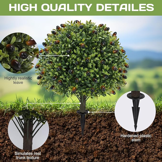Artificial olive Topiary Ball Tree 24" with Ground Spike, Set of 2 Artificial Boxwood Bushes for Faux Shrubs, Fake Evergreen Faux Plant for Indoor Outdoor Porch Garden -UV Resistant–Fade-Proof-VerdiqueGarden