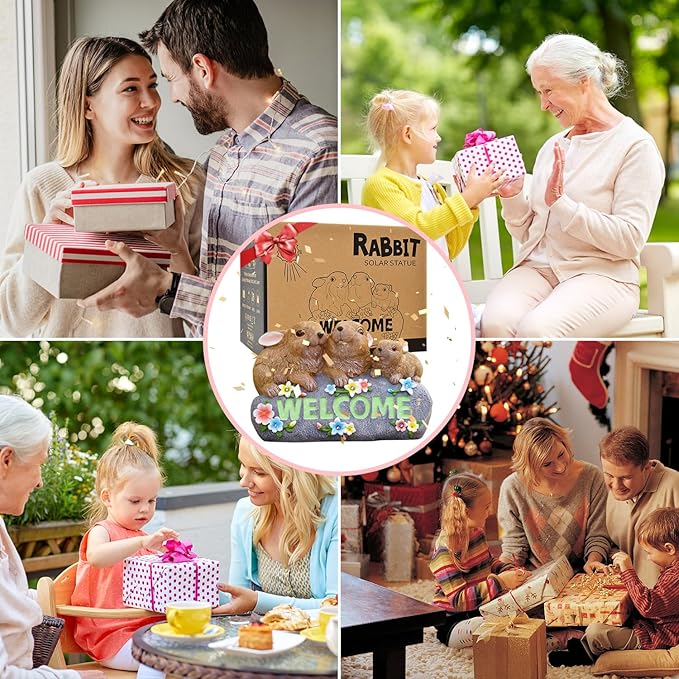 Solar Rabbits with Welcome Sign - Outdoor Bunny Decor with Solar LED Lights - Rabbit Garden Decor & Outdoor Light-Up Gifts for Women, Moms or Birthdays-VerdiqueGarden