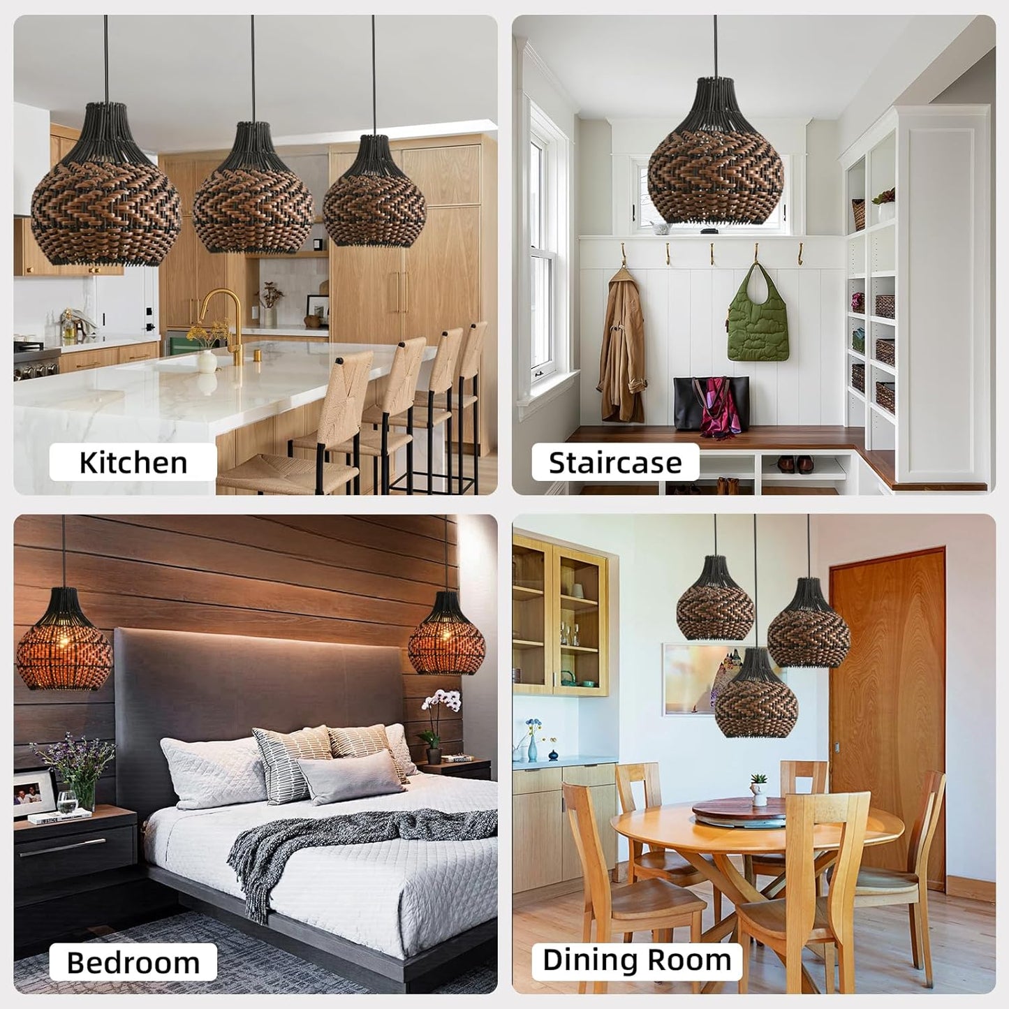 3-Pack Rattan Pendant Light 10.24" Hand-Woven Black Brown Fax Rattan Basket Chandelier Mini Boho Wicker Hanging Lamp for Dining Living Bedroom Kitchen Farmhouse-VerdiqueGarden