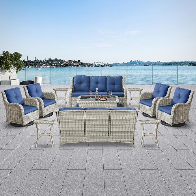Wicker Patio Furniture Sets - 13 Piece Outdoor Rattan Furniture Conversation Sets with 4 Swivel Rocker Chairs, 2 Rattan Sofas, Wicker Ottomans and Coffee Table, Light Grey/Blue-VerdiqueGarden