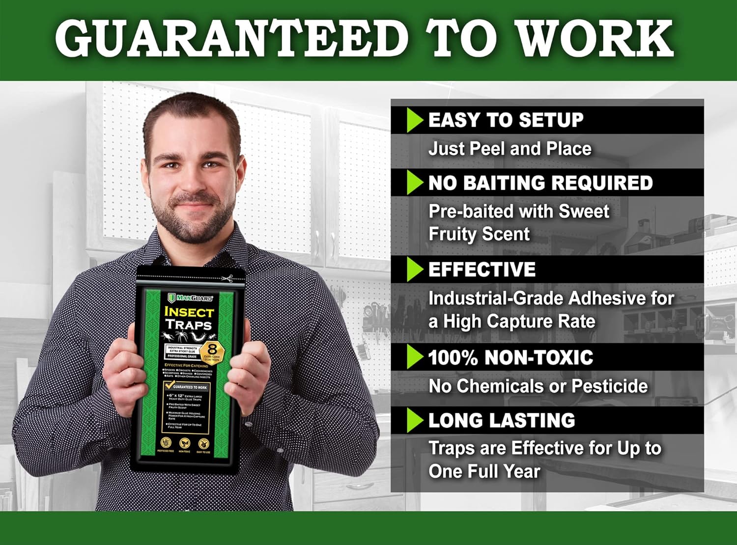 MaxGuard Extra Large Insect Traps (8 Traps) | Non-Toxic Extra Sticky Pre-Baited Glue Board, Trap & Kill Most Crawling Insects, Bugs, Spiders, Crickets, Scorpions, Cockroaches, Centipedes, Snakes.-VerdiqueGarden